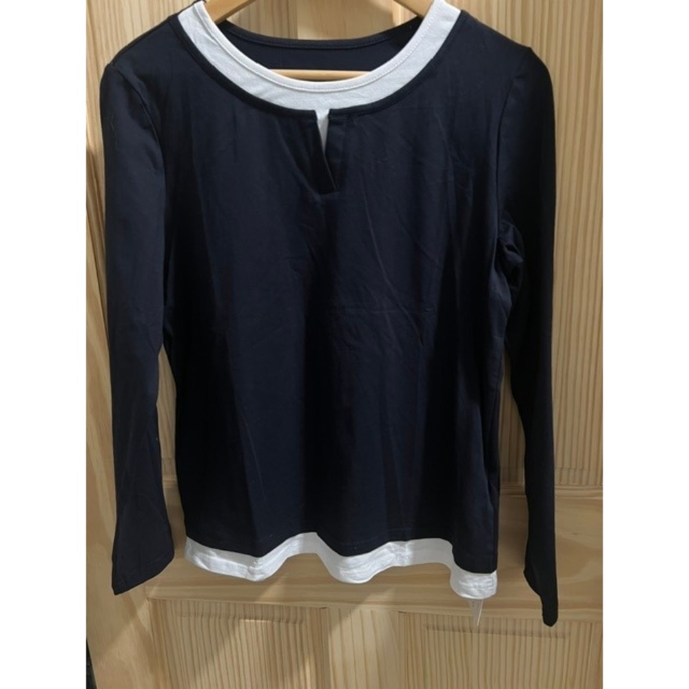 Lilycoco Layered Top Womens Small Navy White NEW Long Sleeve Split Neck Tee